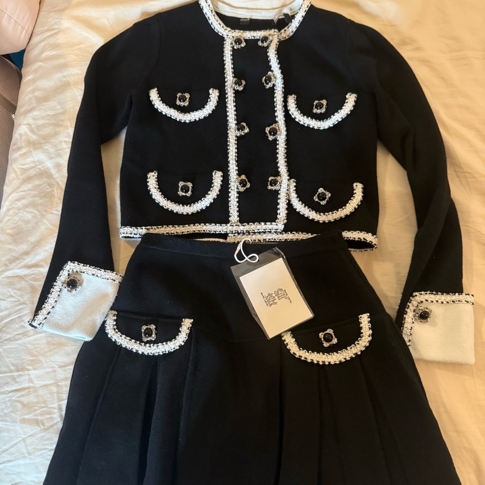 Black and white two piece cardigan skirt set